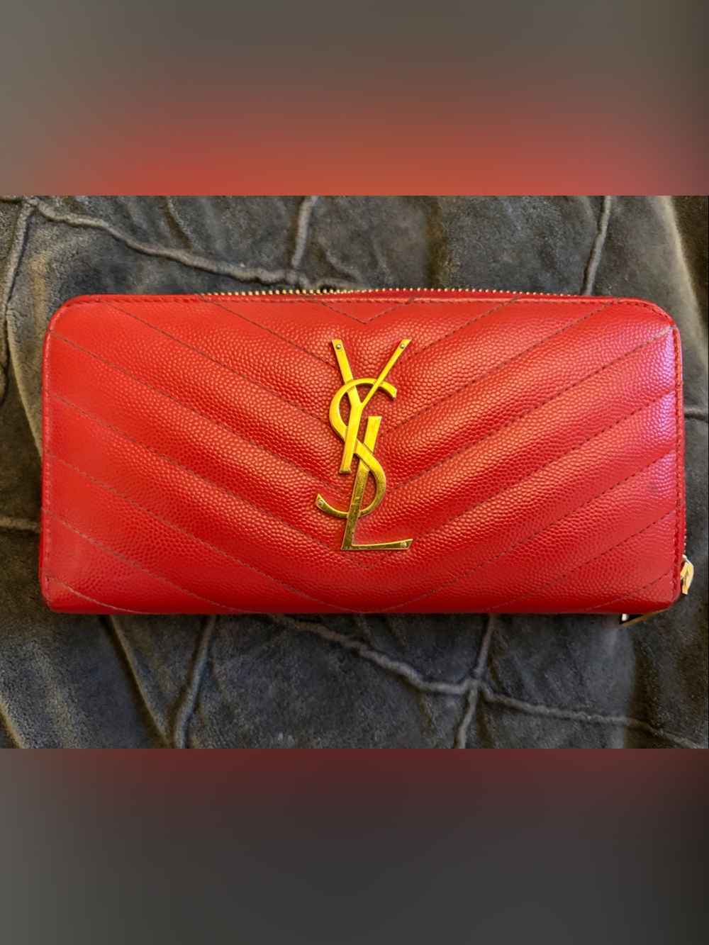 Saint Laurent Red Quilted Zip-Around Wallet with Gold Logo